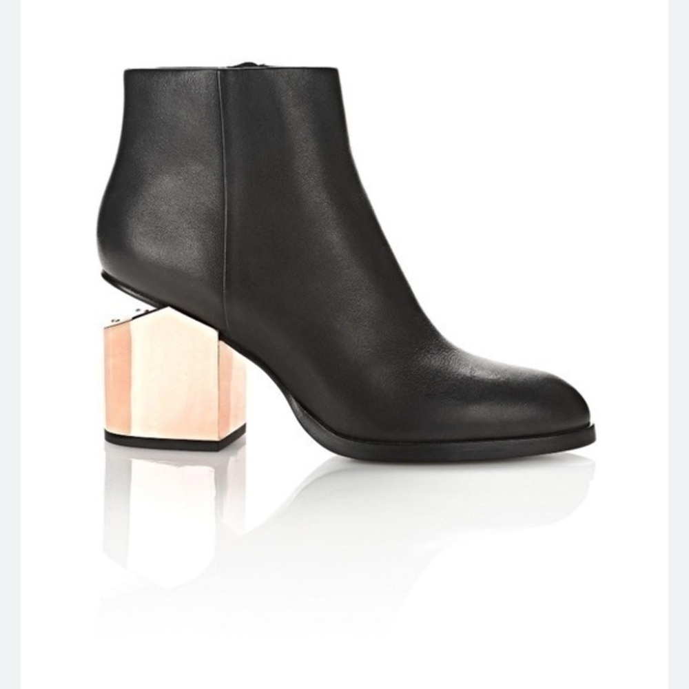 Alexander Wang Ankle Bootie Gabi Metallic Rose Gold Cutout Heel Black Leather